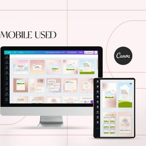 Puede incluir: Una captura de pantalla de una computadora y una tableta que muestra un proyecto de dise&ntilde;o de Canva. El proyecto de dise&ntilde;o es un conjunto de gr&aacute;ficos de redes sociales con un esquema de color pastel e ilustraciones de nubes, hierba y flores. El texto en los gr&aacute;ficos incluye "Gracias", "Te quiero" y "Feliz cumplea&ntilde;os".