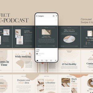 以下が含まれることがあります： 勉強のヒントが書かれたInstagramの投稿の輪番表示です。投稿は、ベージュ、ブラウン、ブラックのニュートラルなカラーパレットで、ミニマルなデザインを採用しています。「学習を促進する」「独自の学習ノートを作成する」「学習計画を立てる」「この投稿を楽しんでいただければ幸いです」「試験対策を短時間で済ませる」「勉強中」「よく眠って健康的に食べる」「お問い合わせ」「オンライン学習」「学習スペースの準備」「ルーティンを確立する」「気を散らすものを遮断する」「さらなるコンテンツのためにフォローしてください」などのフレーズが書かれています。