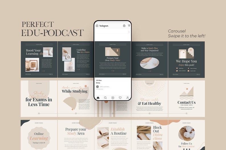 以下が含まれることがあります： 勉強のヒントが書かれたInstagramの投稿の輪番表示です。投稿は、ベージュ、ブラウン、ブラックのニュートラルなカラーパレットで、ミニマルなデザインを採用しています。「学習を促進する」「独自の学習ノートを作成する」「学習計画を立てる」「この投稿を楽しんでいただければ幸いです」「試験対策を短時間で済ませる」「勉強中」「よく眠って健康的に食べる」「お問い合わせ」「オンライン学習」「学習スペースの準備」「ルーティンを確立する」「気を散らすものを遮断する」「さらなるコンテンツのためにフォローしてください」などのフレーズが書かれています。