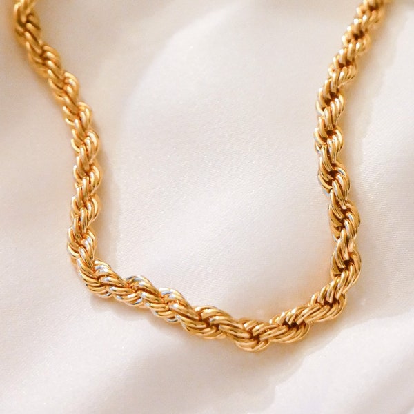 Vivian Rope Chain Necklace - 24K Gold Plated Women Heavy Gold high quality Chunky Link Twist trendy wide modern boho simple adjustable 5mm