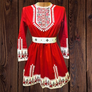 Red Floral Bulgarian Dress, Bulgarian Folk Nouveau Dress, Summer Holiday Dress