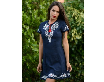 Embroidered Folk Nouveau Dress, Embroidered Dress, Women's Dark Blue Dress