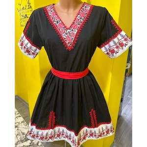 Black Floral Bulgarian Dress, Bulgarian Folk Nouveau Dress, Summer Holiday Dress