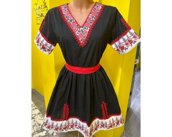 Black Floral Bulgarian Dress, Bulgarian Folk Nouveau Dress, Summer Holiday Dress