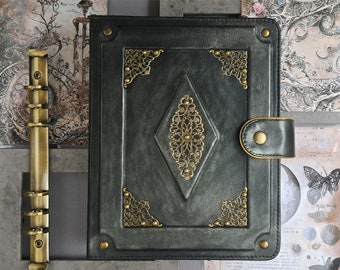 Grimoire Journal Cover / Moon Magic Cover / Real Leather Cover for Book of Shadows / 6 Ring Binder / Leather Cover A5 / Planner Cover A5