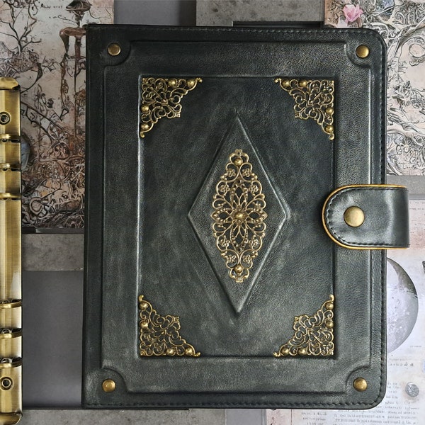 Couverture de journal Grimoire / Couverture magique de la lune / Couverture en cuir véritable pour le Livre des ombres / Reliure à 6 anneaux / Couverture en cuir A5 / Couverture pour agenda A5