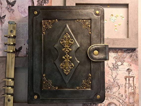 Leather Grimoire Journal Cover: Moon Magic Book of Shadows - A5 6-Ring Binder