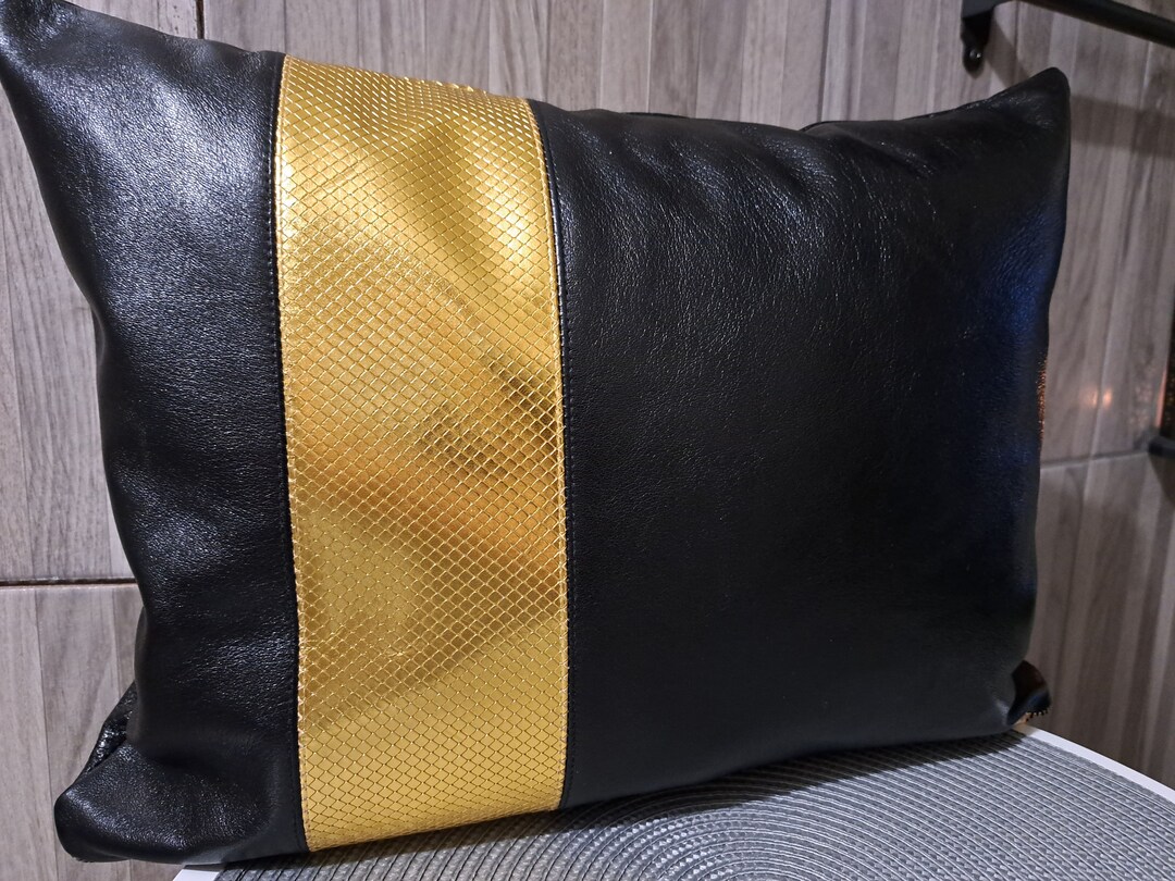Black Real Leather Pillow Cover / Art Deco / Lumbar Pillow / Decorative