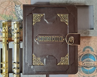 Grimoire Journal Cover / Moon Magic Cover / Cover for Book of Shadows / 6 Ring Binder Brown Color / Leather Cover A5 / Planner Cover A5