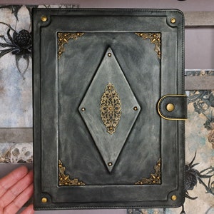 Handmade Leather Grimoire Journal Cover A4 - Moon Magic Book of Shadows