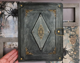Handmade Leather Grimoire Journal Cover A4 - Moon Magic Book of Shadows