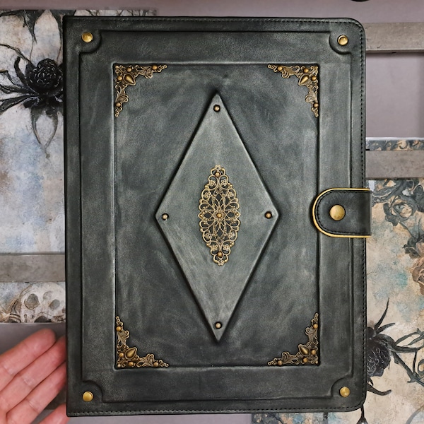 A4 Grimoire Journal Cover / Genuine Leather Folder A4 / Moon Magic Cover A4 / Book of Shadows  / A4 Handmade Large Journal Leather Grimoire