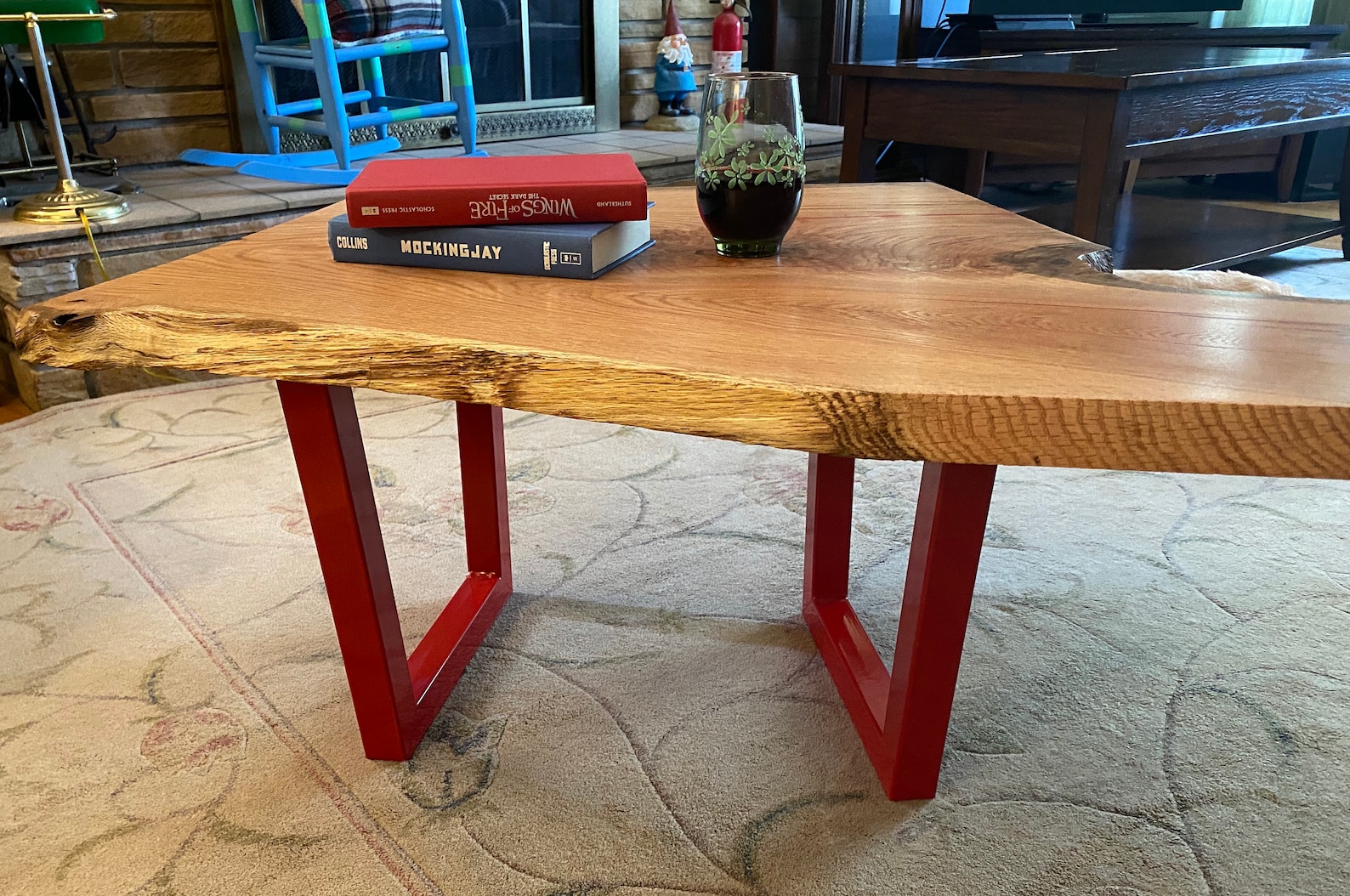 Oak Coffe Table With Red Resin and Red Metal Legs Live Edge Etsy