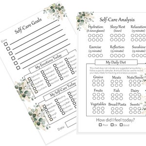May include: Printable self-care planner with a green floral design. The planner includes sections for self-care goals, daily emotions, self-care activities, a daily diet tracker, and a self-care analysis. The planner includes checkboxes for tracking progress.