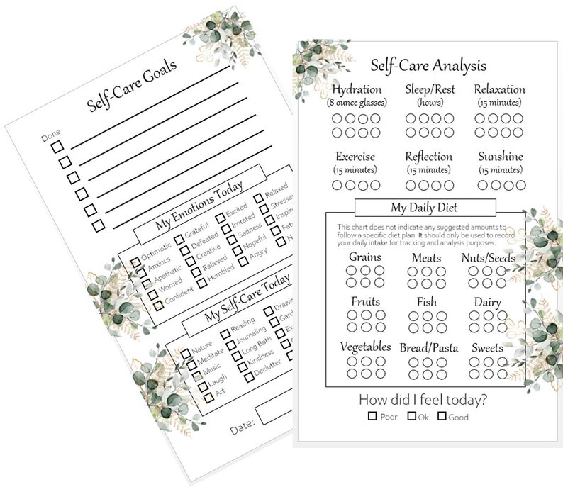 May include: Printable self-care planner with a green floral design. The planner includes sections for self-care goals, daily emotions, self-care activities, a daily diet tracker, and a self-care analysis. The planner includes checkboxes for tracking progress.