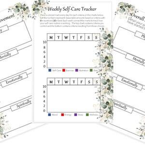 May include: Three printable self-care trackers with a floral design. The trackers are for weekly self-improvement, weekly self-care, and overall self-improvement. Each tracker has sections for physically, mentally, emotionally, and spiritually. The trackers include a grid for tracking progress over a week.
