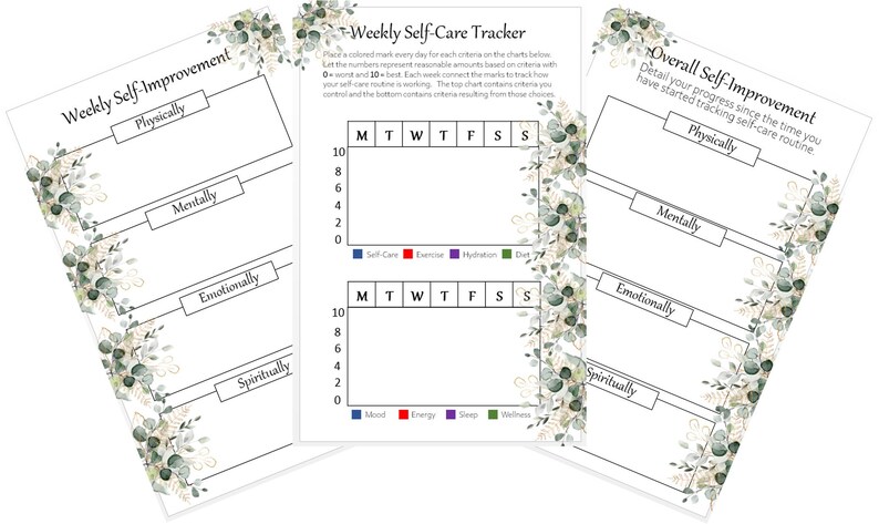 May include: Three printable self-care trackers with a floral design. The trackers are for weekly self-improvement, weekly self-care, and overall self-improvement. Each tracker has sections for physically, mentally, emotionally, and spiritually. The trackers include a grid for tracking progress over a week.