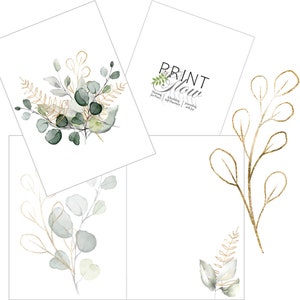 May include: Four printable cards with watercolor illustrations of eucalyptus leaves and branches. The cards feature a gold outline and the text "PRINT SLOW" with the tagline "Planning for Peace | Scheduling Joy | Self Discovery | Journeying with Joy".