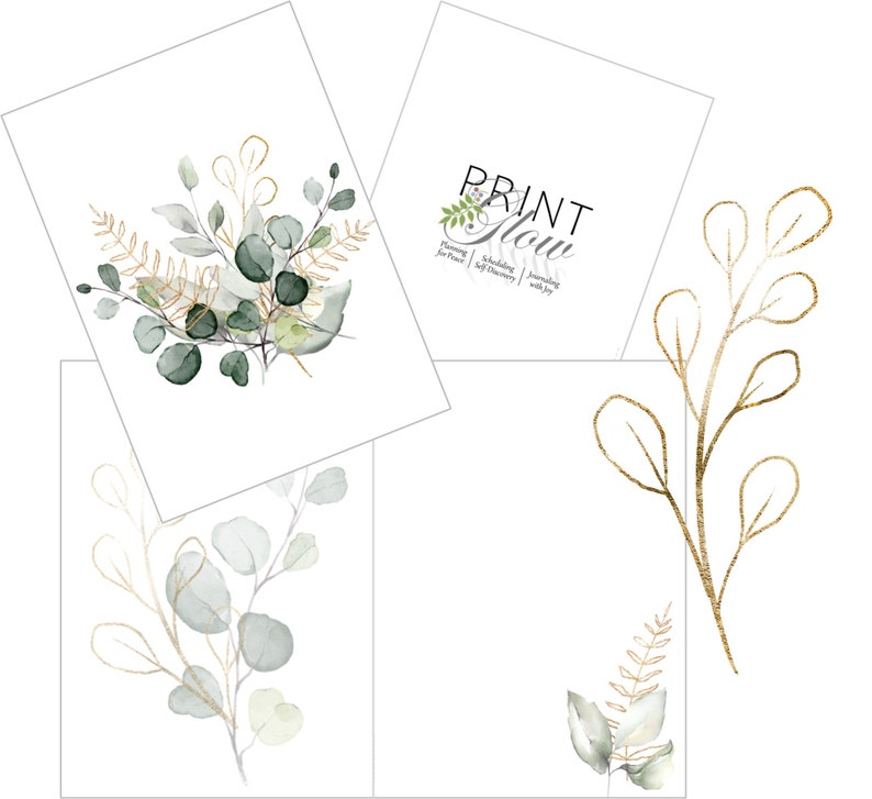 May include: Four printable cards with watercolor illustrations of eucalyptus leaves and branches. The cards feature a gold outline and the text "PRINT SLOW" with the tagline "Planning for Peace | Scheduling Joy | Self Discovery | Journeying with Joy".