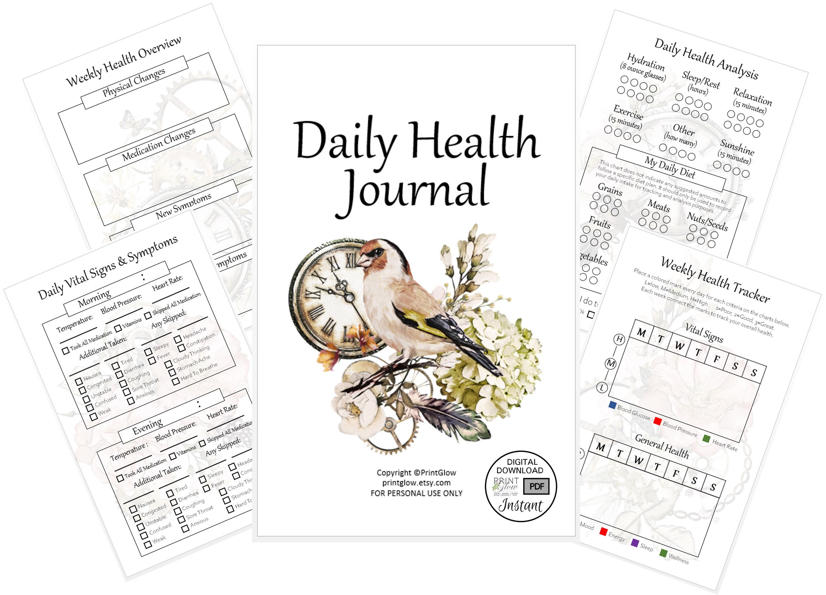 Vintage Daily Health Journal Printable Digital Health Journal Medical