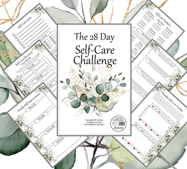 May include: A printable self-care challenge with a 28-day plan. The design features a green and gold floral pattern. The text "The 28 Day Self-Care Challenge" is in a large, bold font.