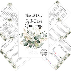 May include: A printable 28-day self-care challenge with a green and gold floral design. The printable includes worksheets for self-care goals, self-care discovery, weekly self-improvement, and a self-care analysis.