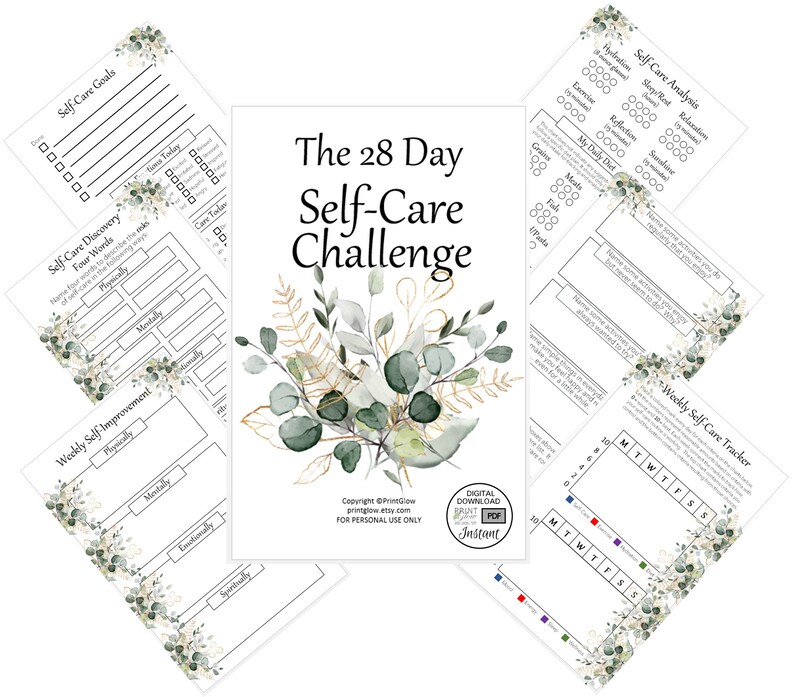 May include: A printable 28-day self-care challenge with a green and gold floral design. The printable includes worksheets for self-care goals, self-care discovery, weekly self-improvement, and a self-care analysis.