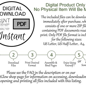 May include: Digital download of printable PDF files. The graphic shows a circle with the text "DIGITAL DOWNLOAD" and "Instant" inside. The text "PRINT glow PDF" is also included. A diagram shows five steps for purchasing, downloading, printing, assembling, and using the files. The text "Digital Product Only No Physical Item Will Be Mailed" is also included.
