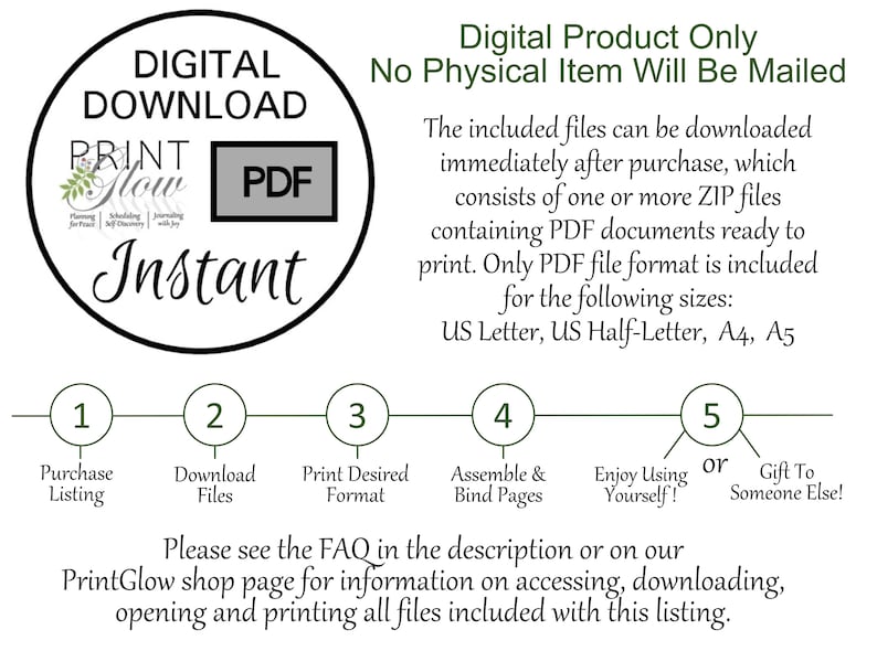 May include: Digital download of printable PDF files. The graphic shows a circle with the text "DIGITAL DOWNLOAD" and "Instant" inside. The text "PRINT glow PDF" is also included. A diagram shows five steps for purchasing, downloading, printing, assembling, and using the files. The text "Digital Product Only No Physical Item Will Be Mailed" is also included.