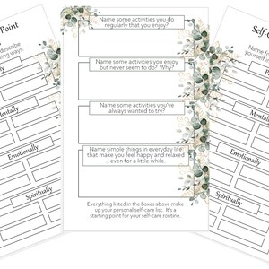 May include: Printable self-care worksheet with a floral design. The worksheet is divided into four sections: physically, mentally, emotionally, and spiritually. Each section has four blank lines for users to write down their self-care activities.