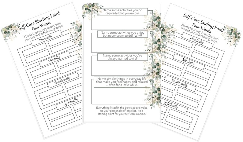 May include: Printable self-care worksheet with a floral design. The worksheet is divided into four sections: physically, mentally, emotionally, and spiritually. Each section has four blank lines for users to write down their self-care activities.