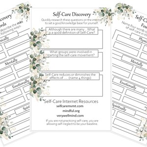 May include: Printable worksheet with a green and gold floral design. The worksheet is titled "Self-Care Discovery Four Words" and asks the user to name four words to describe the benefits and risks of self-care in the following ways: physically, mentally, emotionally, and spiritually.