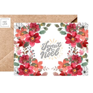 Joyeux Noel Card - DIGITAL Download - Beautiful Floral Printable Christmas Card - Print 8.5in by 11in - Cut to 5in by 7in