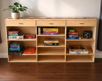 Custom Board Game Bookcase with Drawers, Handmade Game Room Storage Cabinet, Wood Console with Purple Inlay Accent