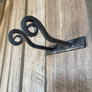 Op de afbeelding: Een zwarte, smeedijzeren wandhaak met een decoratief krulontwerp. De haak is gemonteerd op een rechthoekige plaat en met een schroef bevestigd aan een houten oppervlak. Het ontwerp van de haak heeft twee symmetrische, gekrulde uiteinden.