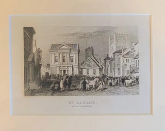 St Albans market place with clock tower and abbey from Dugdale c1838
