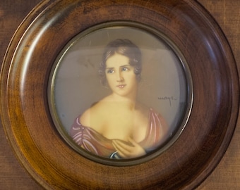 French miniature portrait of a young women c1800 in orignal mahogany frame