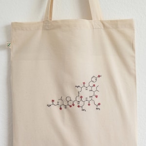 Borsa tote con motivo molecola di ossitocina - Regalo per appassionati di chimica e scienza - Ricamo a mano