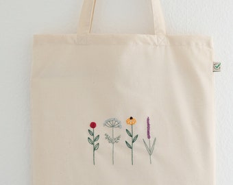 Hand embroidered flower tote bag, eco friendly tote bag for shopping