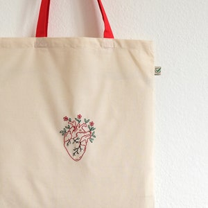 Anatomical heart tote bag, hand embroidered cotton shopper bag