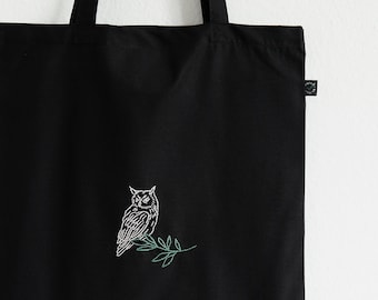 Hand embroidered owl tote bag, aesthetic black shopping bag