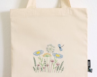 Hand embroidered canvas tote bag flower meadow, eco friendly floral shopping bag