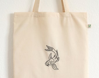 Koi fish tote bag, hand embroidered tote bag, eco friendly shopping bag