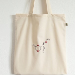 Hand embroidered serotonin molecule tote bag, personalized shopping bag with hand embroidery