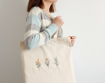 Embroidered wildflower tote bag, floral сotton shopper bag