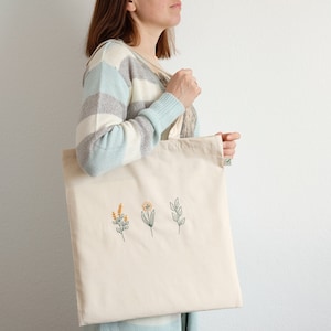 Embroidered wildflower tote bag, floral cotton shopper bag