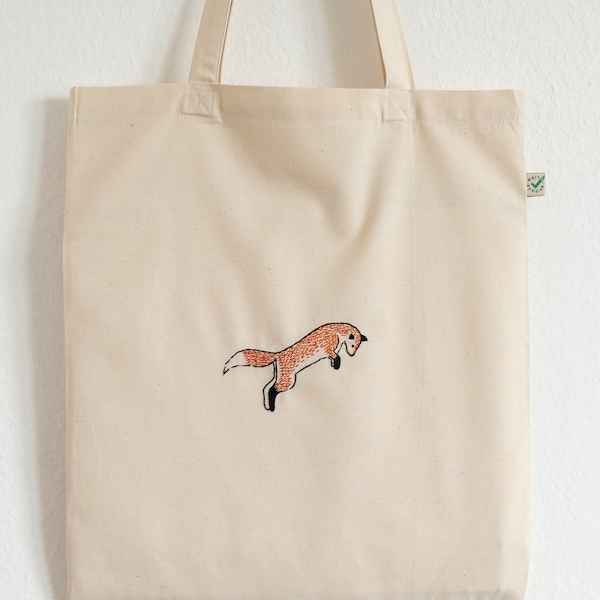 Hand bestickter Fuchs Einkaufsbeutel, umweltfreundliche Baumwoll-Einkaufstasche, Geschenk für Fuchsliebhaber
