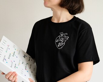 Hand embroidered anatomical heart shirt, eco friendly unisex tee shirt