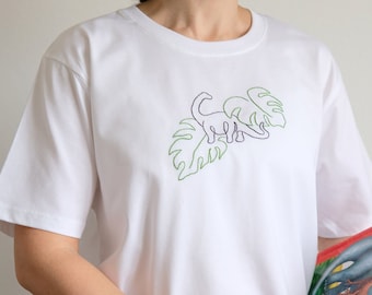 Hand embroidered shirt Dinosaur and monstera leaves