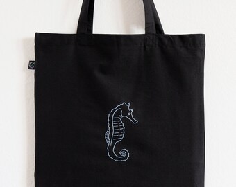 Hand embroidered sea horse tote bag, Aesthetic black shopping bag